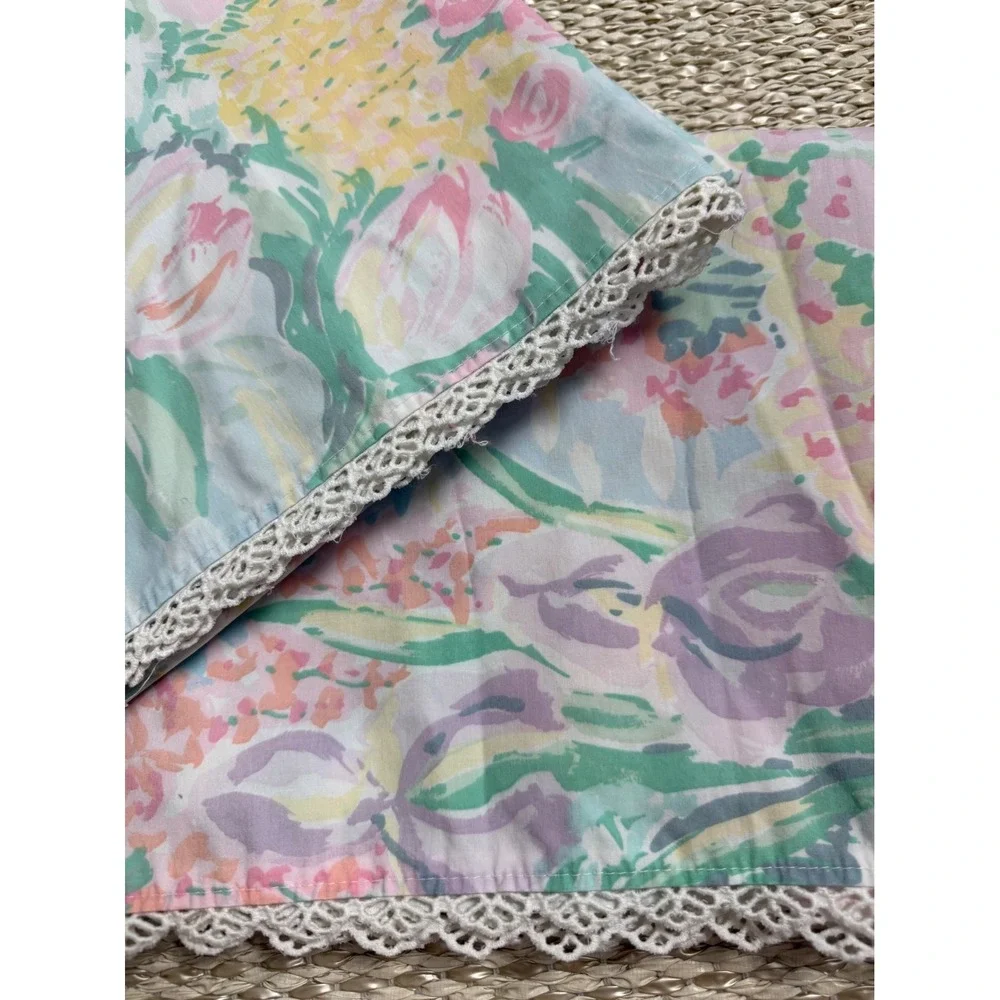 Atelier Martex King Pillowcase Set Floral Watercolor Lace Trim Vintage Monet